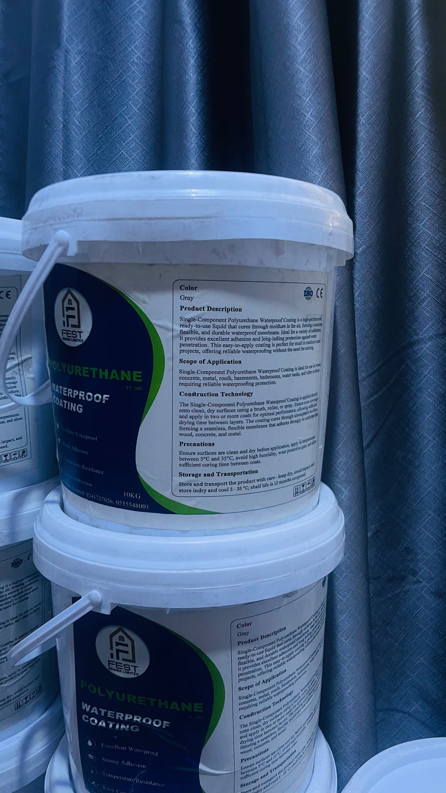 Polyurethane waterproof coating paint colour options — transparent, grey, red, blue, green