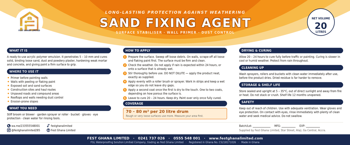 Sand Fixing Agent 20L Ghana — Wall Primer, Surface Stabiliser & Dust Control | Fest Ghana